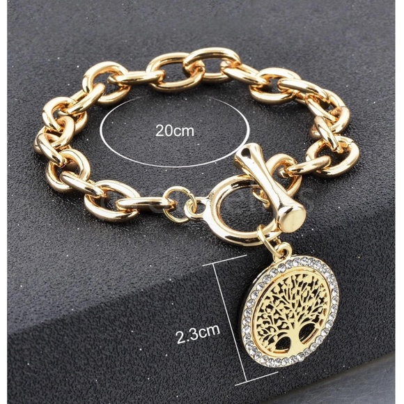 Tree Charm Rhinestone Gold Tone Chain Dangle Bracelet - Picture 4 of 6